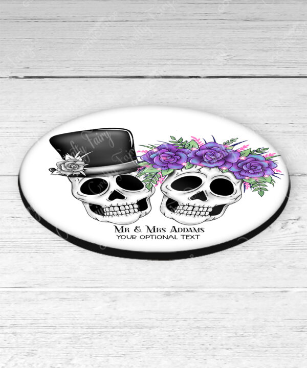 personalised skull couple congratulations wedding 9cm round glossy coaster
