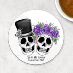 personalised skull couple congratulations wedding 9cm round glossy coaster