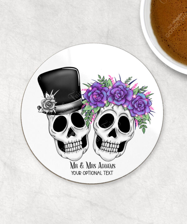 personalised skull couple congratulations wedding 9cm round glossy coaster