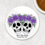 personalised skull couple congratulations wedding 9cm round glossy coaster