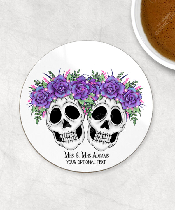 personalised skull couple congratulations wedding 9cm round glossy coaster