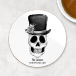 personalised skull bridegroom wedding 9cm round glossy coaster