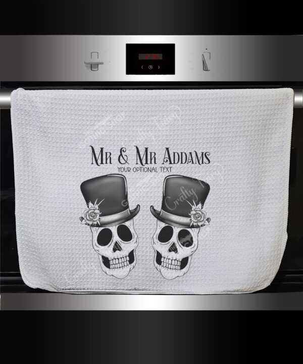 personalised skull couple congratulations wedding waffle tea towel gift