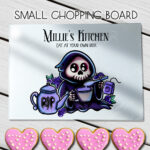 personalised blue buried grim reaper blueberry glass chopping board or worktop protector gift