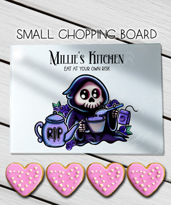 personalised blue buried grim reaper blueberry glass chopping board or worktop protector gift