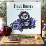 personalised blue buried grim reaper blueberry glass chopping board or worktop protector gift