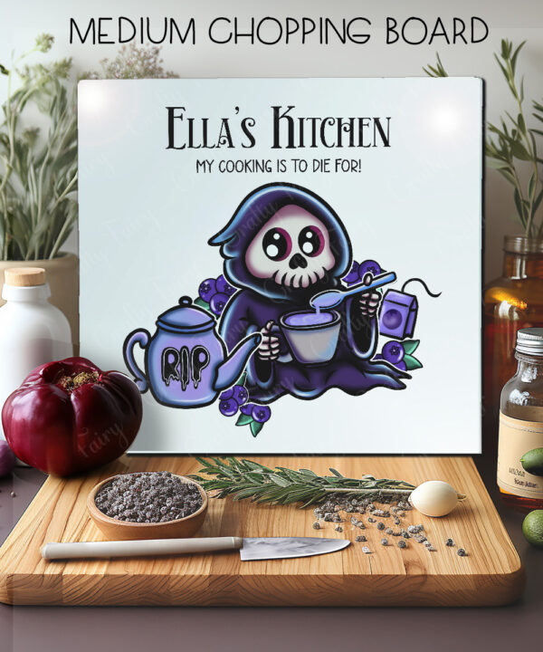 personalised blue buried grim reaper blueberry glass chopping board or worktop protector gift
