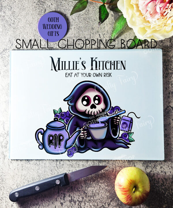 personalised blue buried grim reaper blueberry glass chopping board or worktop protector gift