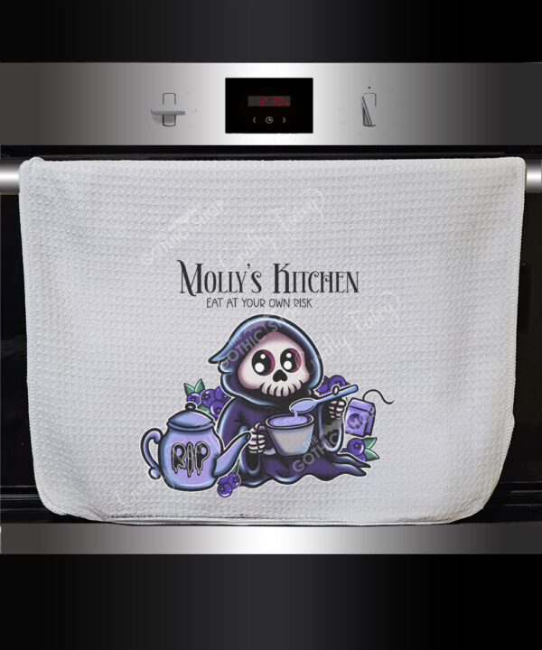 personalised blue buried grim reaper blueberry waffle tea towel gift