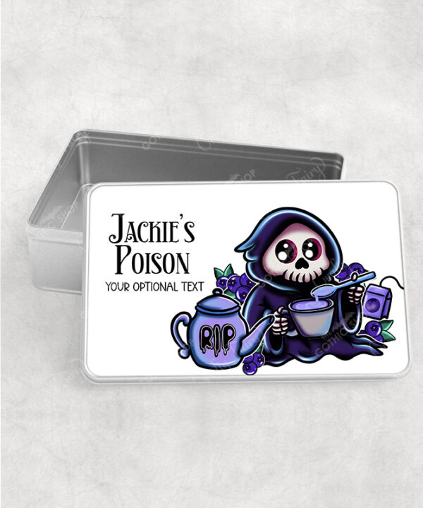 personalised blue buried grim reaper blueberry tea rectangular tin gift