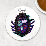 personalised frankenstein's bride & pumpkins cameo 9cm round glossy coaster