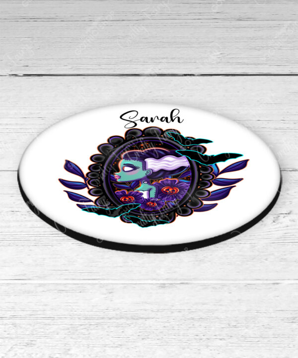 personalised frankenstein's bride & pumpkins cameo 9cm round glossy coaster