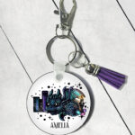 personalised mystical dragon & books round gothic keyring