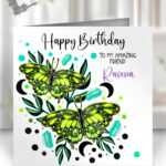 personalised mystical neon yellow butterflies & crystals birthday card