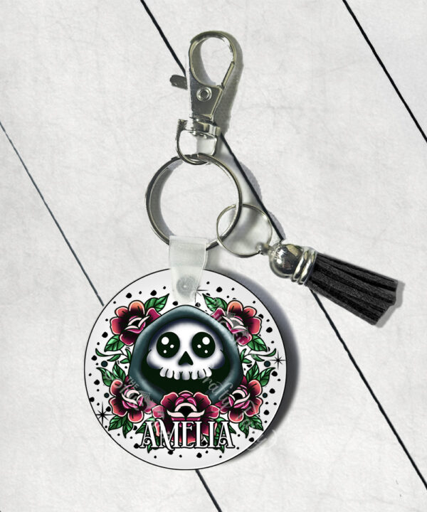 personalised tattoo grim reaper with red roses round gothic keyring