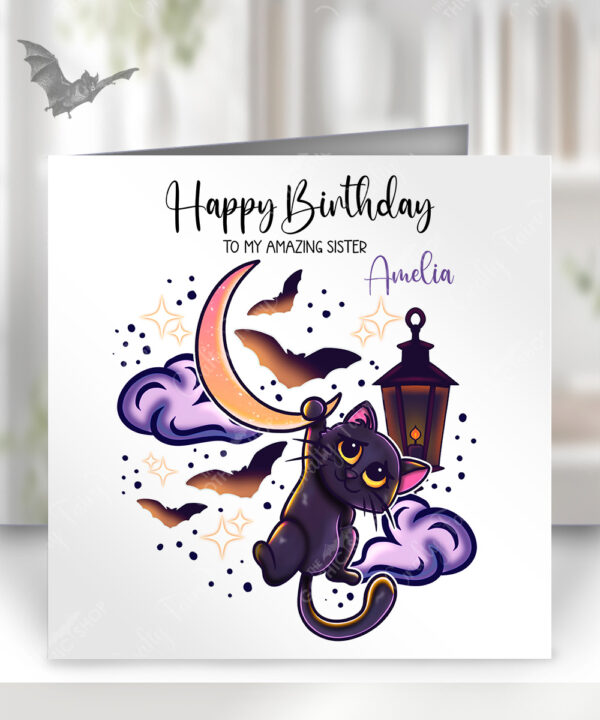 personalised kitty cat moon glow gothic birthday card