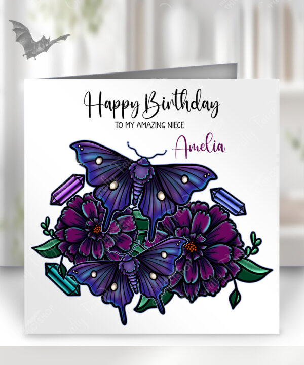 personalised mystical purple moths and crystals birthday card