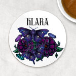 personalised mystical purple moths and crystals 9cm round glossy coaster