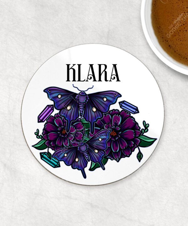 personalised mystical purple moths and crystals 9cm round glossy coaster