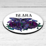 personalised mystical purple moths and crystals 9cm round glossy coaster