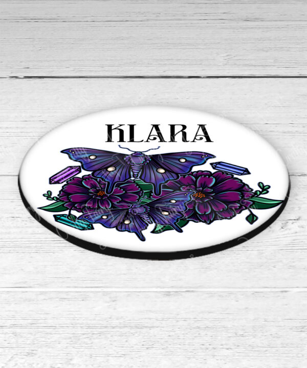 personalised mystical purple moths and crystals 9cm round glossy coaster