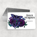 personalised mystical purple moths and crystals rectangular tin gift