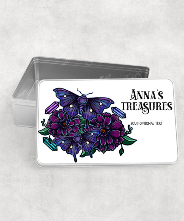 personalised mystical purple moths and crystals rectangular tin gift