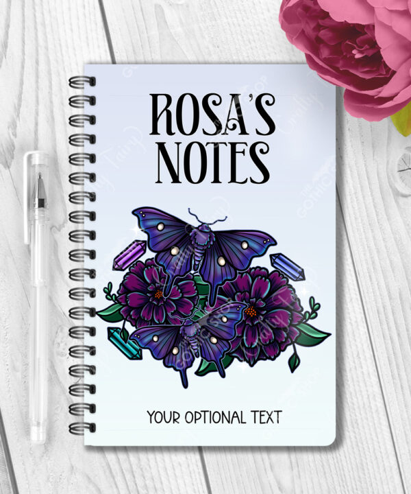 personalised mystical purple moths and crystals notebook journal