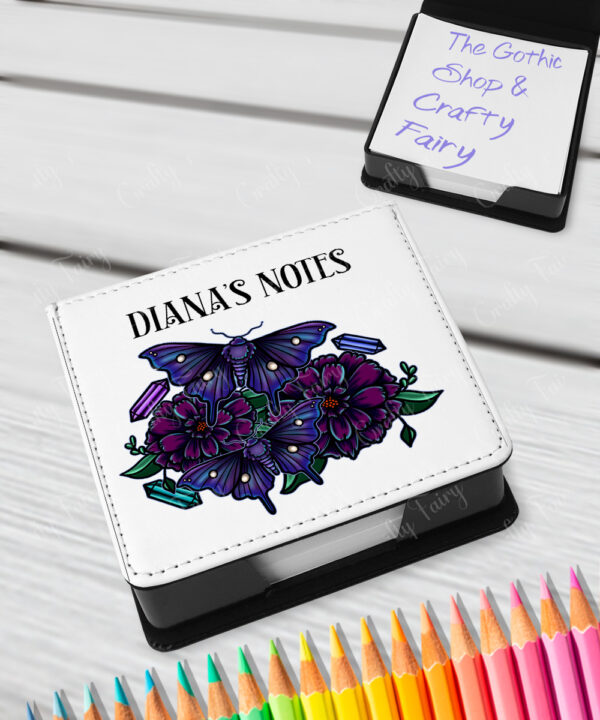personalised mystical purple moths and crystals memo notes holder gift