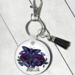 personalised mystical purple moths and crystals round gothic keyring