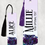 personalised mystical purple moths and crystals metal bookmark