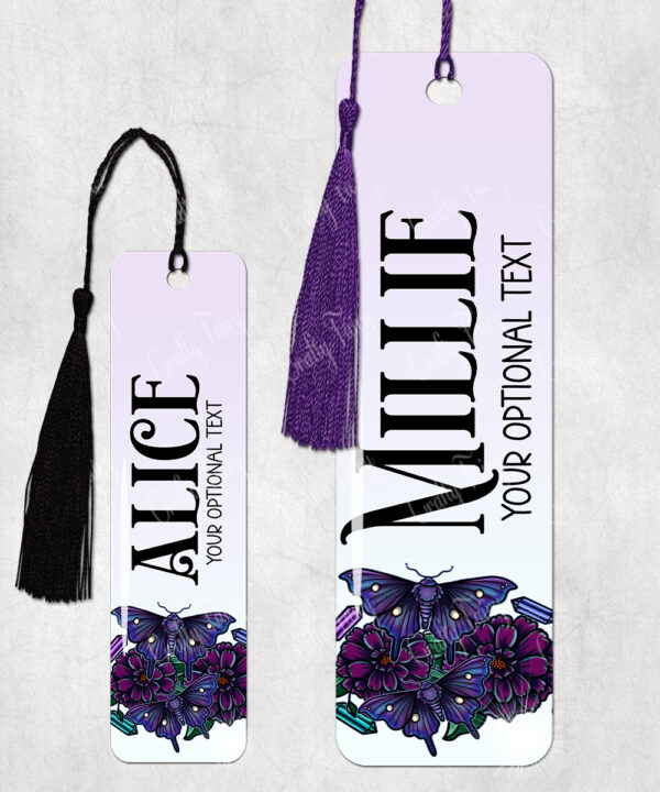 personalised mystical purple moths and crystals metal bookmark