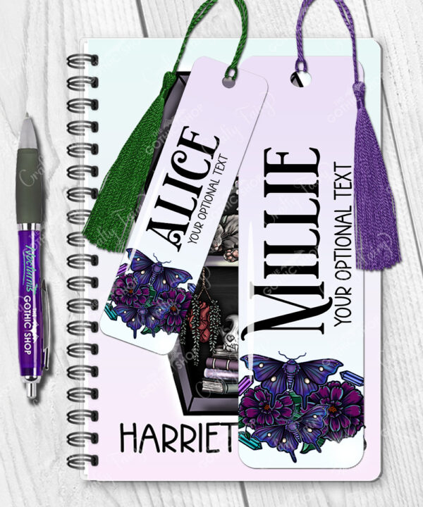 personalised mystical purple moths and crystals metal bookmark