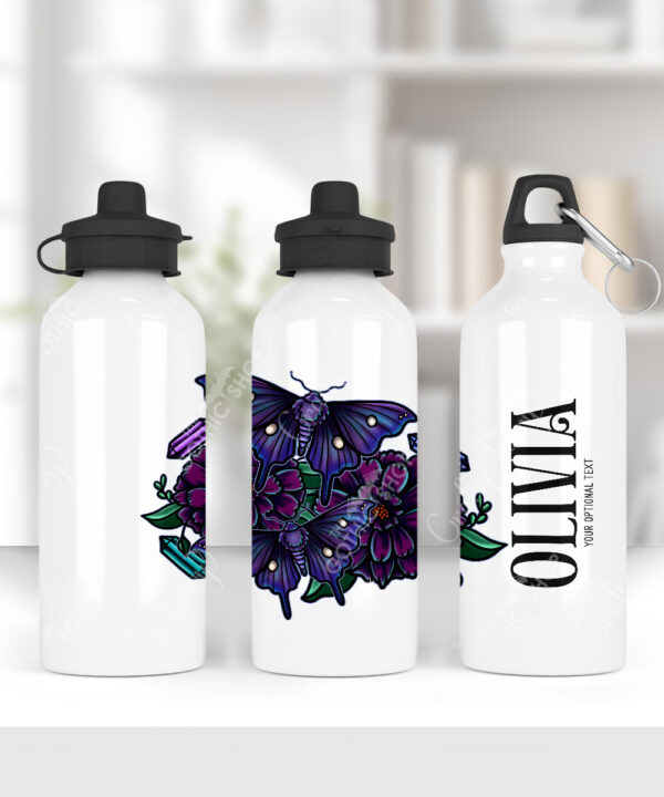 personalised mystical purple moths and crystals 600ml screw lid water bottle