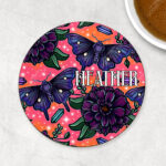 personalised mystical purple moths & crystals on pink orange background 9cm round glossy coaster