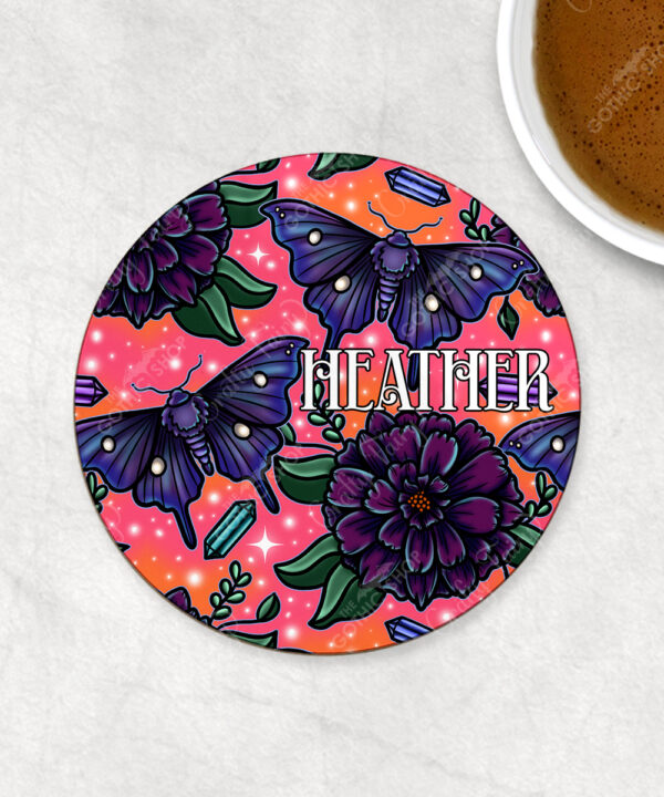 personalised mystical purple moths & crystals on pink orange background 9cm round glossy coaster