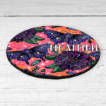 personalised mystical purple moths & crystals on pink orange background 9cm round glossy coaster