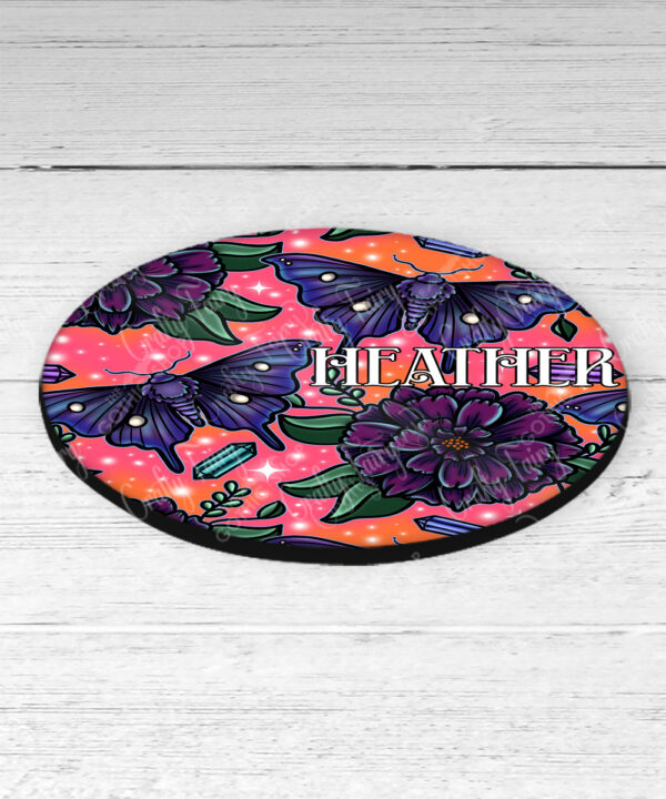 personalised mystical purple moths & crystals on pink orange background 9cm round glossy coaster