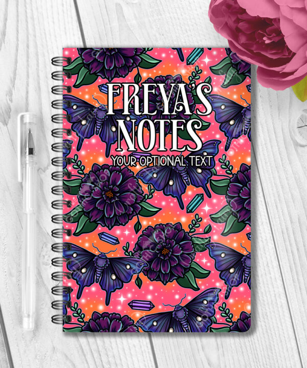 personalised mystical purple moths & crystals on pink orange background notebook journal