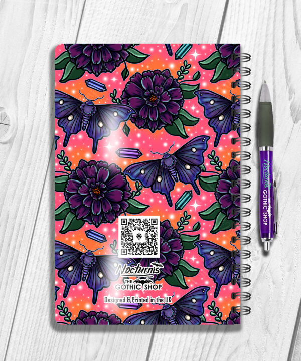 personalised mystical purple moths & crystals on pink orange background notebook journal