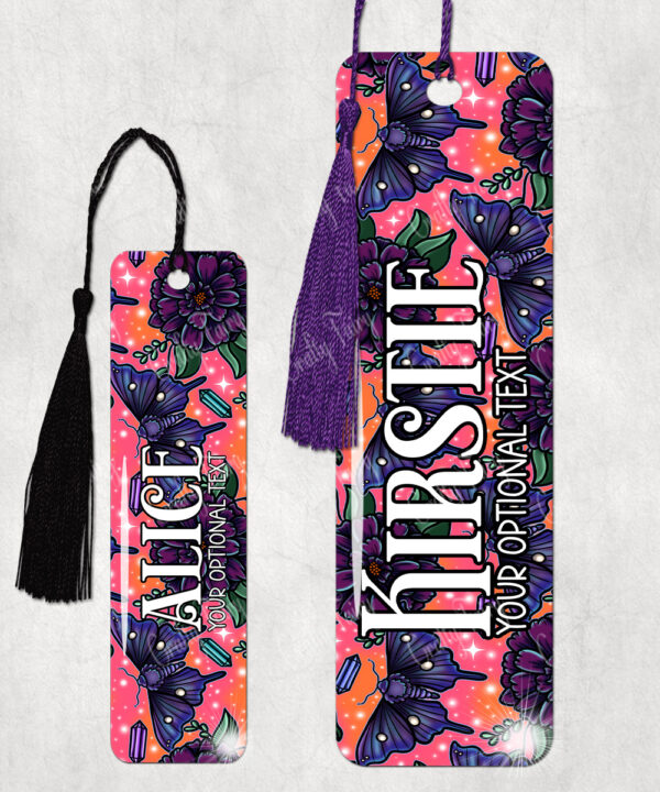 personalised mystical purple moths & crystals on pink orange background metal bookmark thank you gift