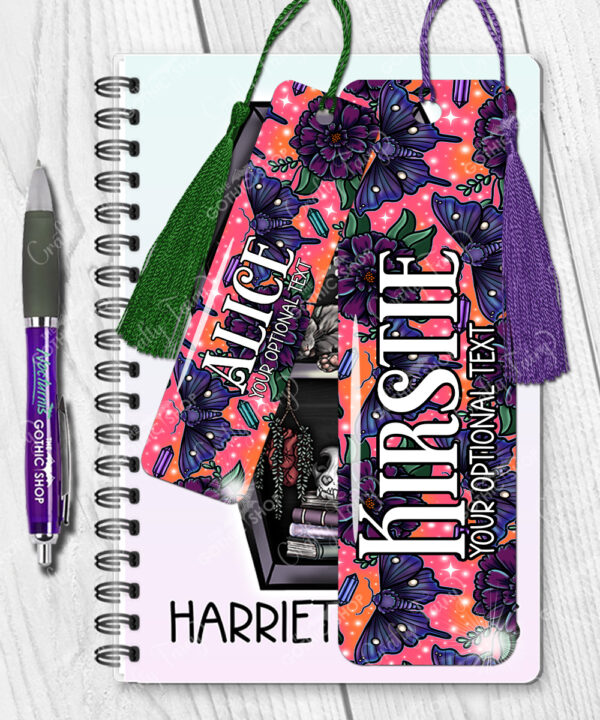 personalised mystical purple moths & crystals on pink orange background metal bookmark thank you gift