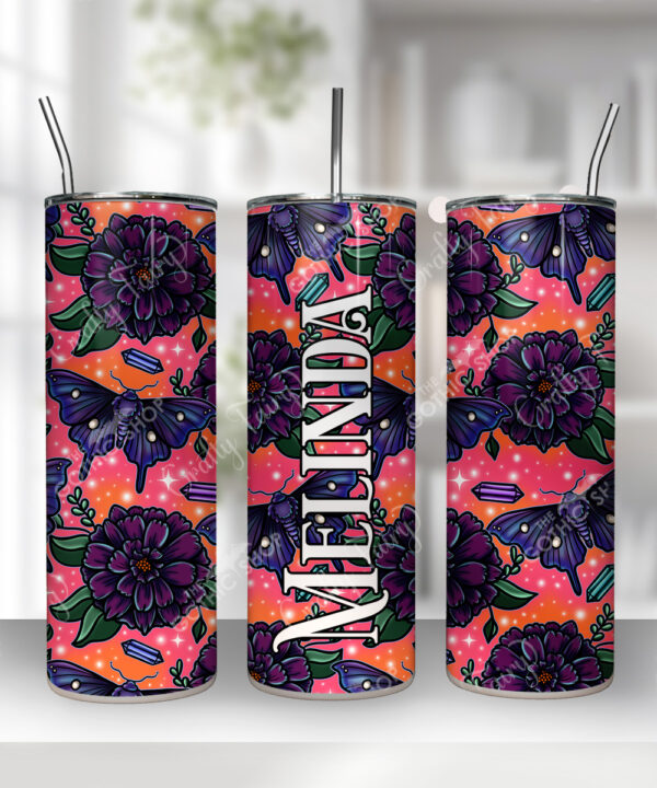 personalised mystical purple moths & crystals on pink orange background 20oz straight tumbler