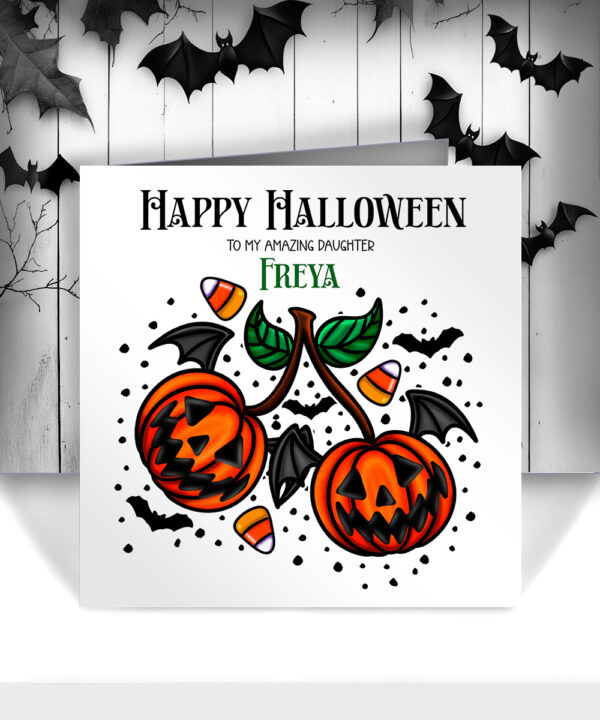 personalised halloween pumpkin cherries greetings card