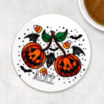 personalised halloween pumpkin cherries 9cm round glossy coaster