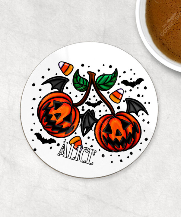 personalised halloween pumpkin cherries 9cm round glossy coaster