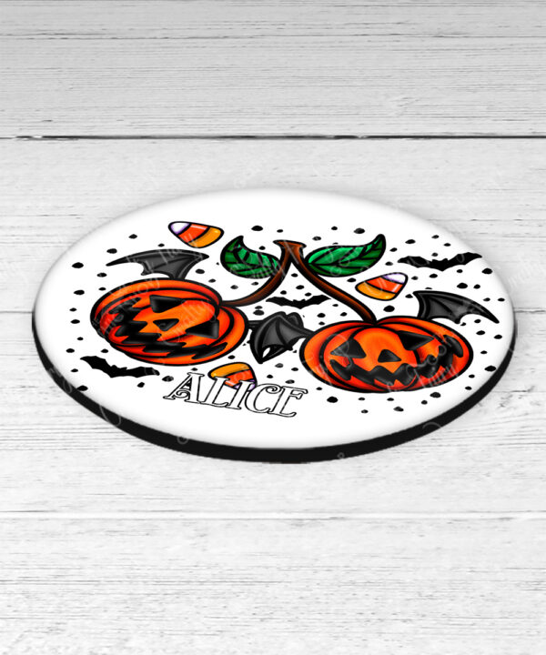 personalised halloween pumpkin cherries 9cm round glossy coaster