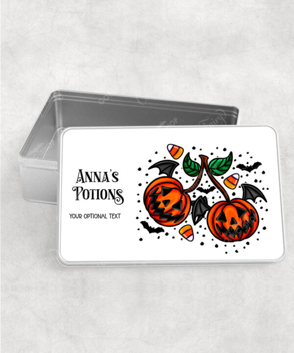 personalised halloween pumpkin cherries rectangular tin gift