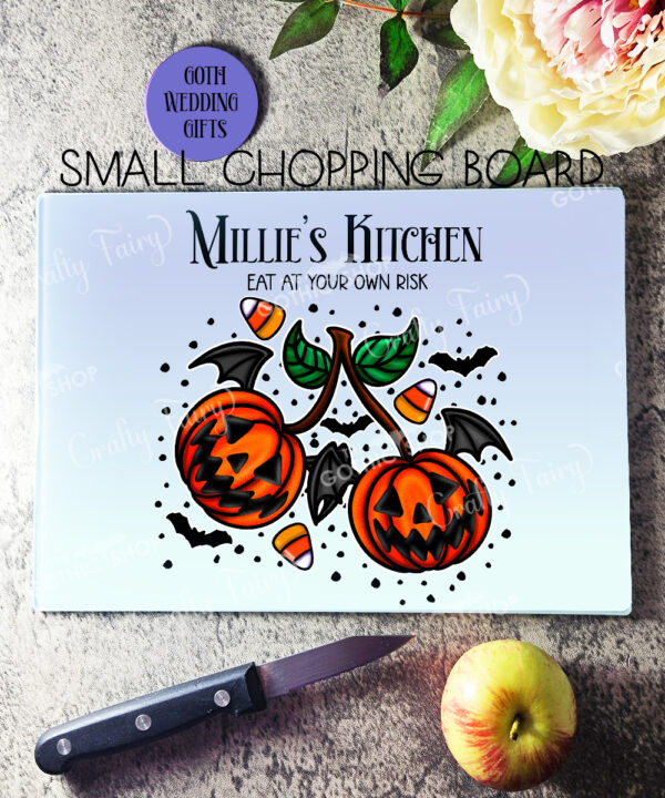 personalised halloween pumpkin cherries glass chopping board or worktop protector gift