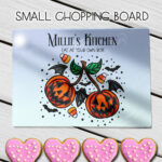 personalised halloween pumpkin cherries glass chopping board or worktop protector gift